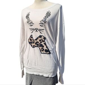 New York & Company Slouchy Rhinestone Animal Print Cat Lady Sweater Kitty White